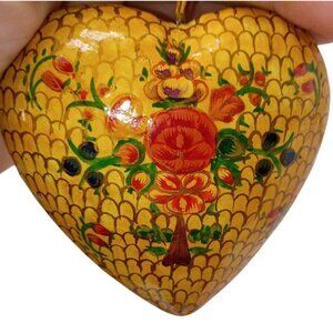 Hand-Painted Wooden Heart Ornament With Floral Design & Gold Cord Yellow